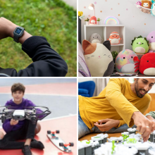 Child wearing Garmin Vivofit Jr. 3 smartwatch, child's bedroom filled with Squishmallow plushes, two kids holding drone, adult and child building with GraviTrax set