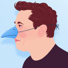 An illustration of Elon Musk wearing a blue bird beak.