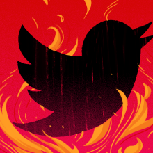 illustrated twitter bird surrounded by flames
