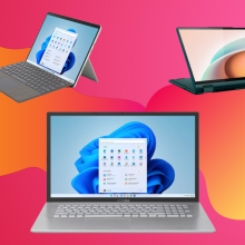 Laptops against a pink and orange background