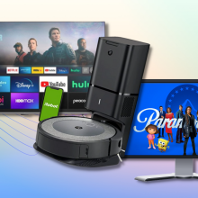 amazon fire tv, roomba i3+, paramount plus with colorful background