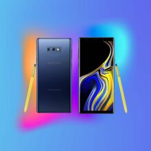 Refurbished Samsung Galaxy Note 9 on a colorful background.