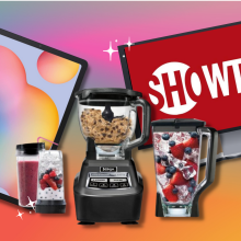 galaxy tab, ninja blender system, and monitor with showtime logo with colorful background