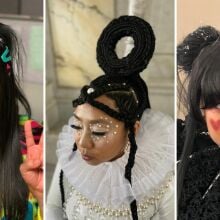 Three behind the scenes shots from "Everything Everywhere All at Once": Jobu Tupaki in a bright, K-pop-inspired look; Jobu Tupaki in a white pearl gown with a black bagel made of hair on her head; Jobu Tupaki in a black goth-inspired look.
