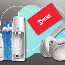 sodastream bundle, showtime logo, and bose quietcomfort headphones with black and blue background