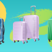 Blue, lilac, and lime green luggages in front of a sky blue/mint background, green squiggle, and yellow circle background