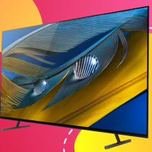 Sony BRAVIA in front of a pink and orange background