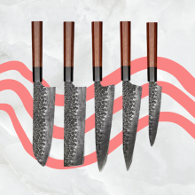 japanese chef knives with pink squiggly lines in background
