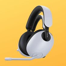 A white headset lying vertically.