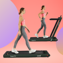 Woman standing on a treadmill, same woman in the foreground walking on the treadmill