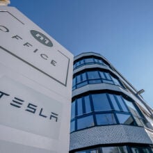 Tesla logo outside building in Germany
