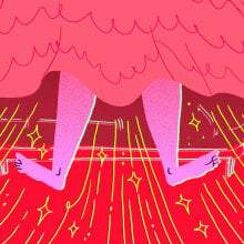 pink illustration of legs and stars shooting out of bed