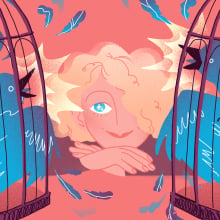 Illustration of a blonde woman looking at two caged blue birds