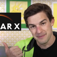 A screenshot from the announcement video featuring a close up of MatPat's face next to the Lunar X logo.