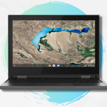 lenovo chromebook with blue and gray background