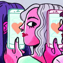 Illustration of three women holding their phones with hearts on the screen. 