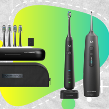 mouth armor sonic toothbrush, water flosser, travel case, brush heads, and more with colorful background