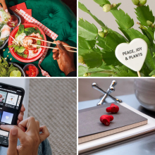 People eating takeout / plant with stick-in decor featuring greetings / person scrolling through Spotify on iPhone / Beats Studio Buds and case on desk with plant and notebook