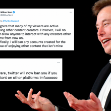 Side profile of Elon Musk in a suit. Next to him are screenshots of two tweets, reading: "I recognize that many of my viewers are active watching other content creators. However, I will no longer allow anyone to interact with any creators other than me from now on.  Specifically, I will ban any accounts created for the purpose of enjoying other content that isn't mine" and "Welp, there goes every single content creator’s linktree in the bio."
