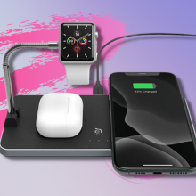 omnia q3 charging station with airpods, apple watch, and iphone against purple background
