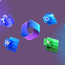 Microsoft Office logos on purple background with holographic elements in corner