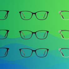 three rows of black glasses against a blue and green background