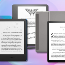 kindle kids, kindle scribe, and kindle oasis with blue and purple background
