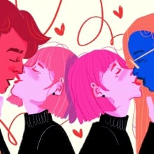 on the left, a man and woman kiss, on the right, two women kiss. 