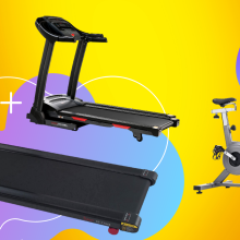 walking pad on the lower left, treadmill above the walking pad, and exercise bike on the upper right against a yellow and purple background