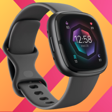 Fitbit Sense 2 against a pink and orange background
