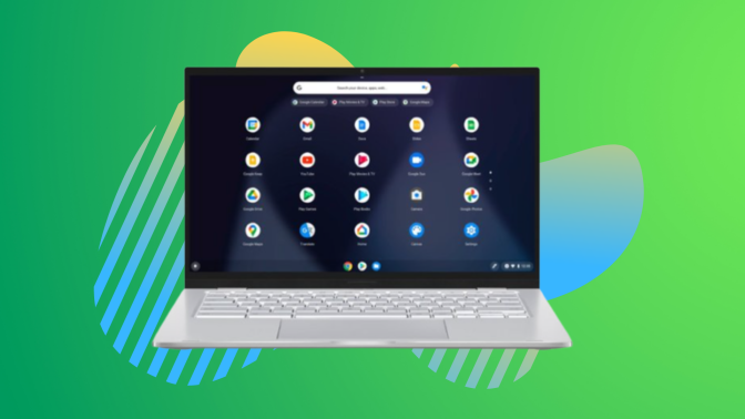 Silver ASUS Chromebook against a green, blue, and yellow background