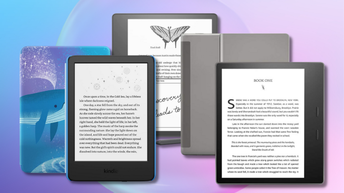 kindle kids, kindle scribe, and kindle oasis with blue and purple background