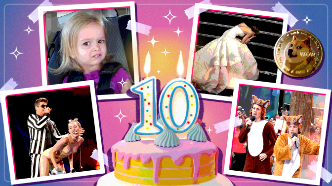 A composite photos of four images, clockwise: Jennifer Lawrence fallen on the Dolby Theatre steps, Ylvis performing "What does the fox say?" on Good Morning America, Miley Cyrus grinding on Robin Thicke at the VMAs, and a screenshot of Chloe Clem side-eyeing the camera. In the center of the image is a birthday cake with a "10" candle.