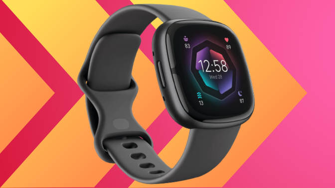 Fitbit Sense 2 against a pink and orange background