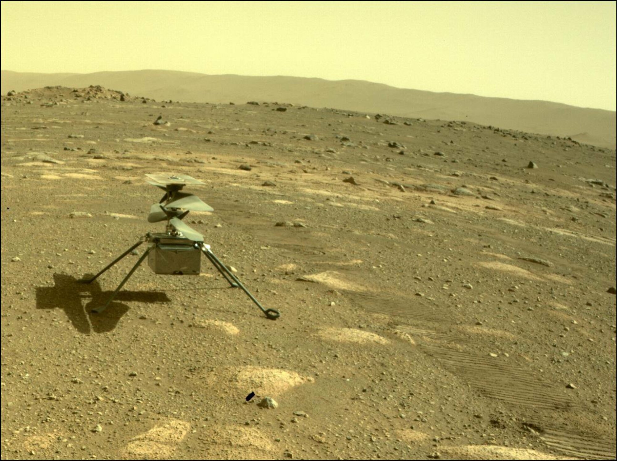 The Ingenuity helicopter on Mars, as seen from the Perseverance rover.
