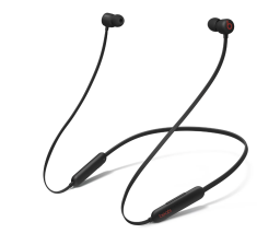earphones with one small wire in black against a white background