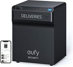 A smart safe with a smartphone displaying the Eufy Security app.