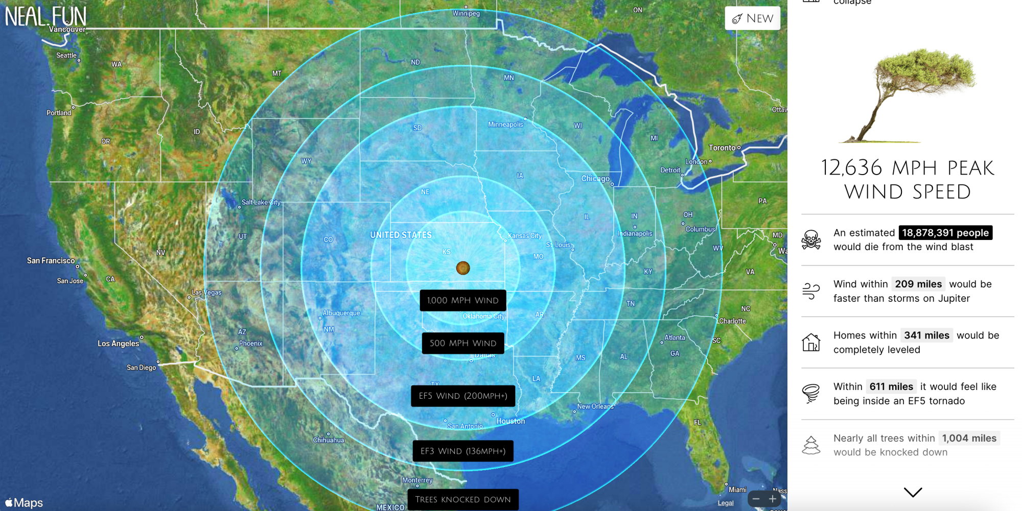 Graphic showing the impact of a large asteroid on the United States