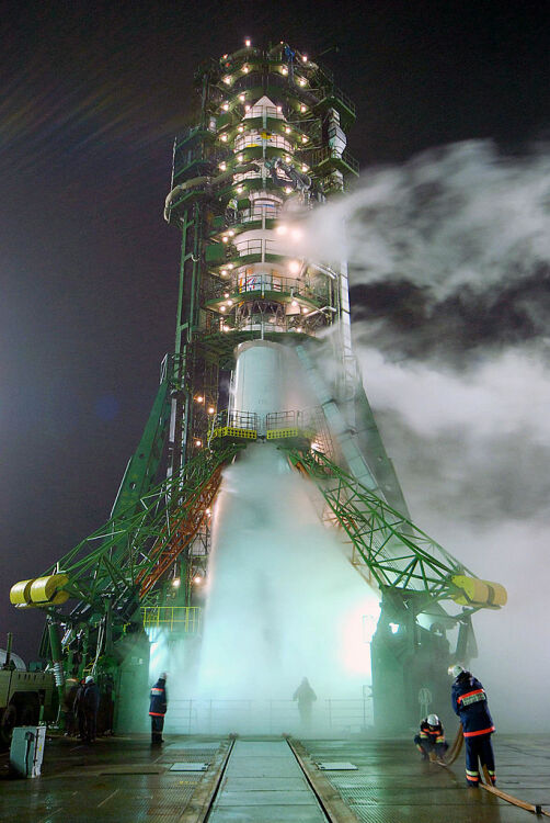 A Russian Soyuz 2-1B rocket preparing for lift off