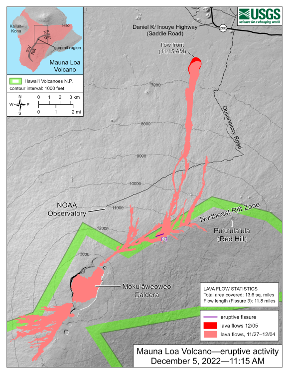 a map showing the northward flow of lava from Mauna Loa toward a local highway.