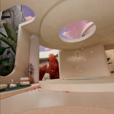 The inside of an abstract home, with a large sculptural wind chime and a large round skylight.