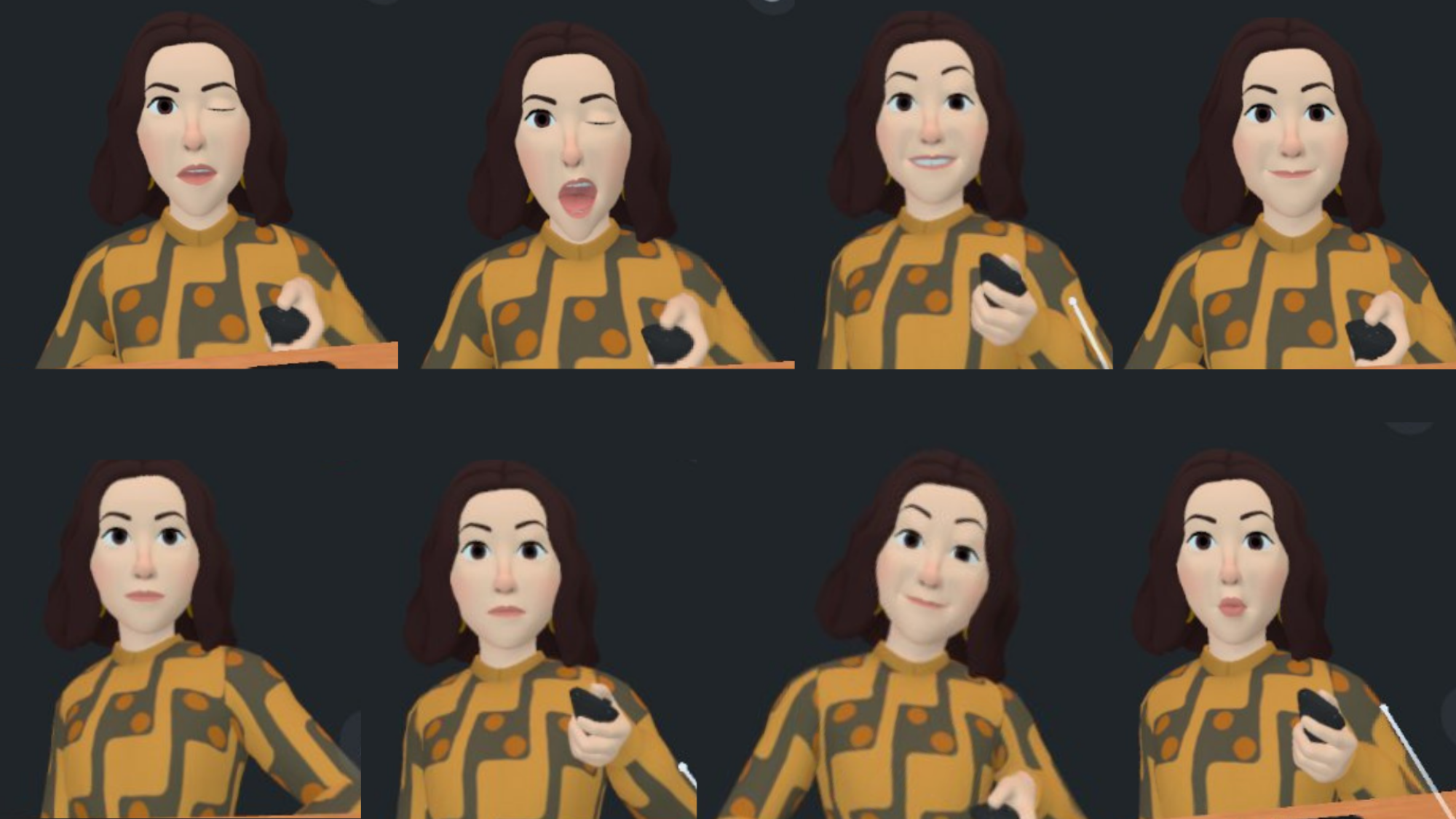 Eight screenshots of the same avatar of a woman with short brown hair, brown eyes, and a mustard colored printed dress.