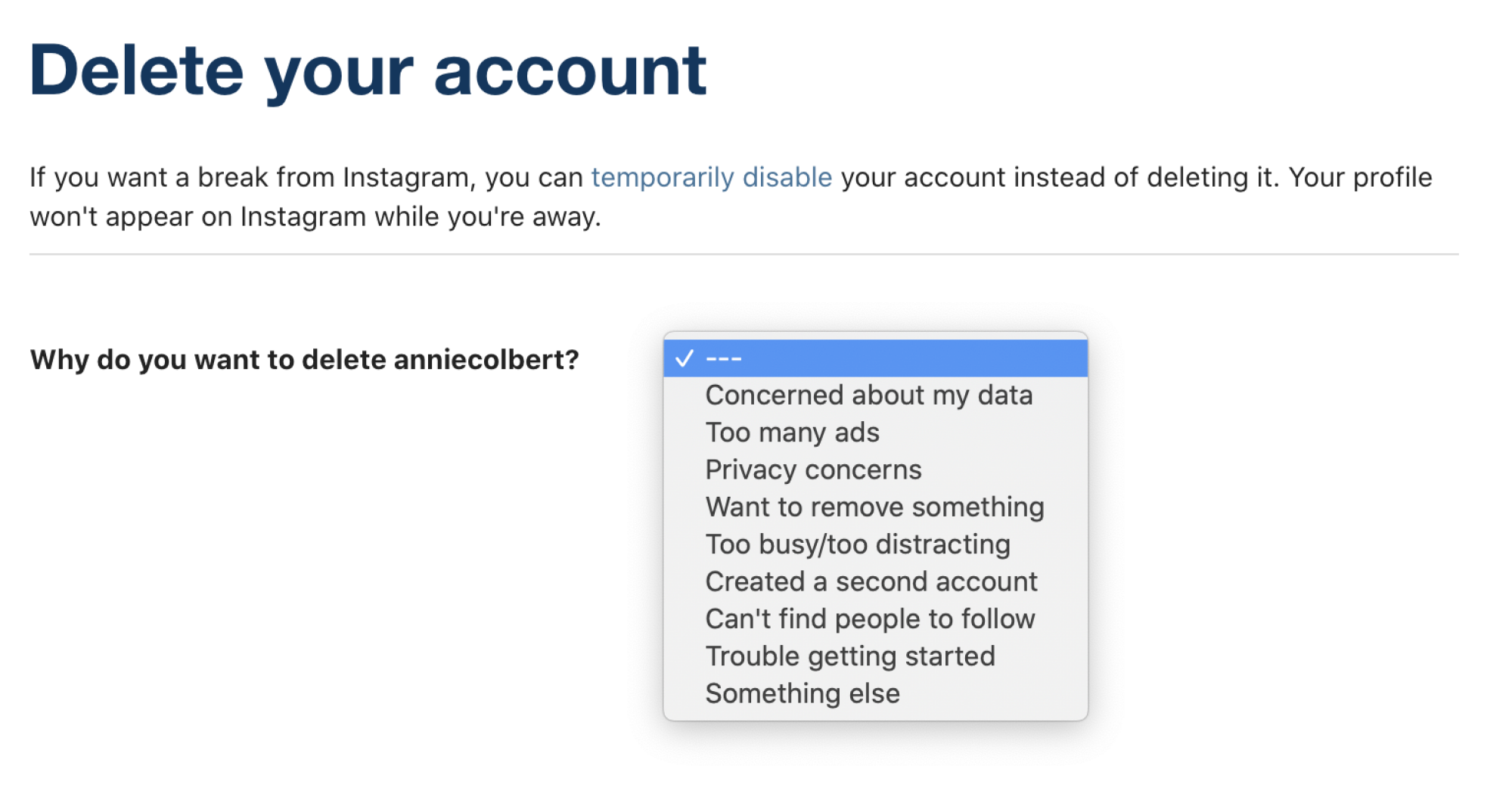 Screenshot of how to delete your Instagram account.
