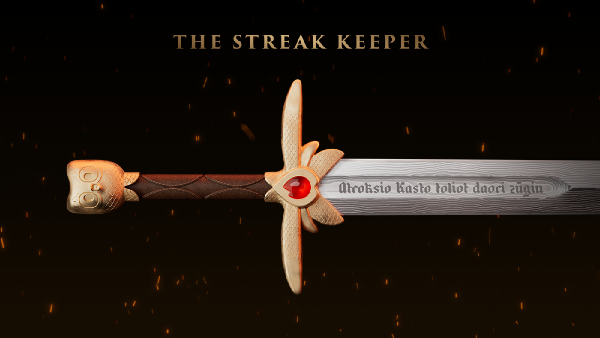 A sword with an owl on its pommel, and text above reading "the streak keeper."