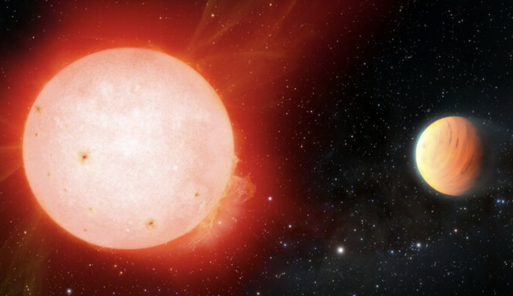 An artist's conception of a red dwarf star orbited by a marshmallow-like exoplanet (on right)