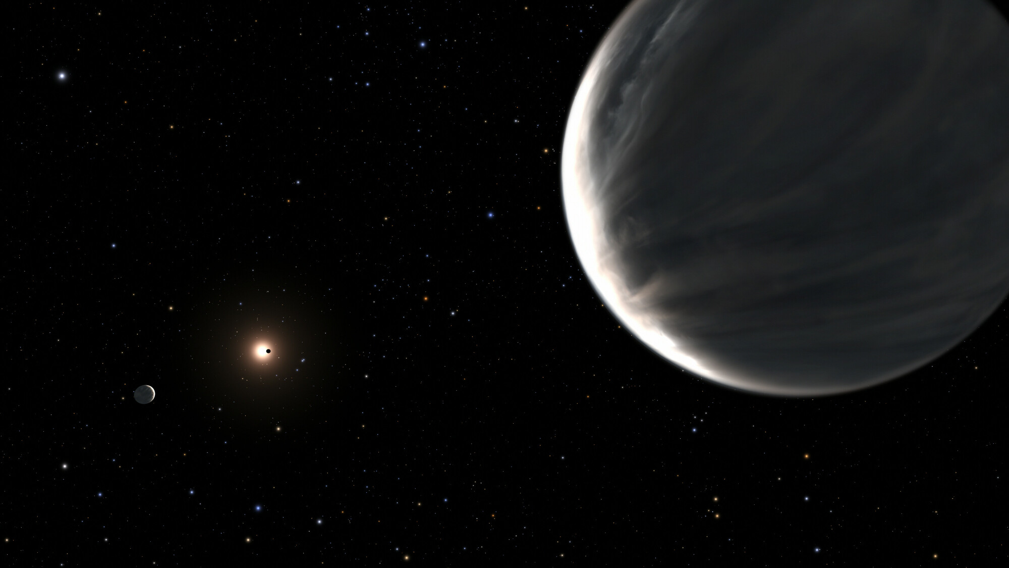 In the foreground, an artist's conception of a "water world" in a distant solar system.