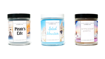 three disney-themed candles from main street melts candle co.