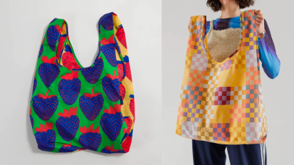 a collage of two baggu tote bags