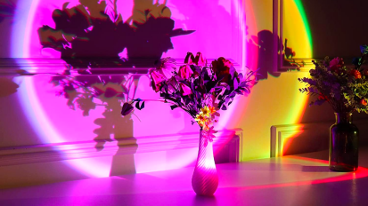 two sunset projector lamps shining colorful light on a vase of flowers in a dark room