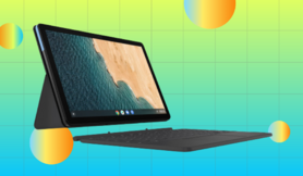 lenovo chromebook duet with apps on screen on green and blue background